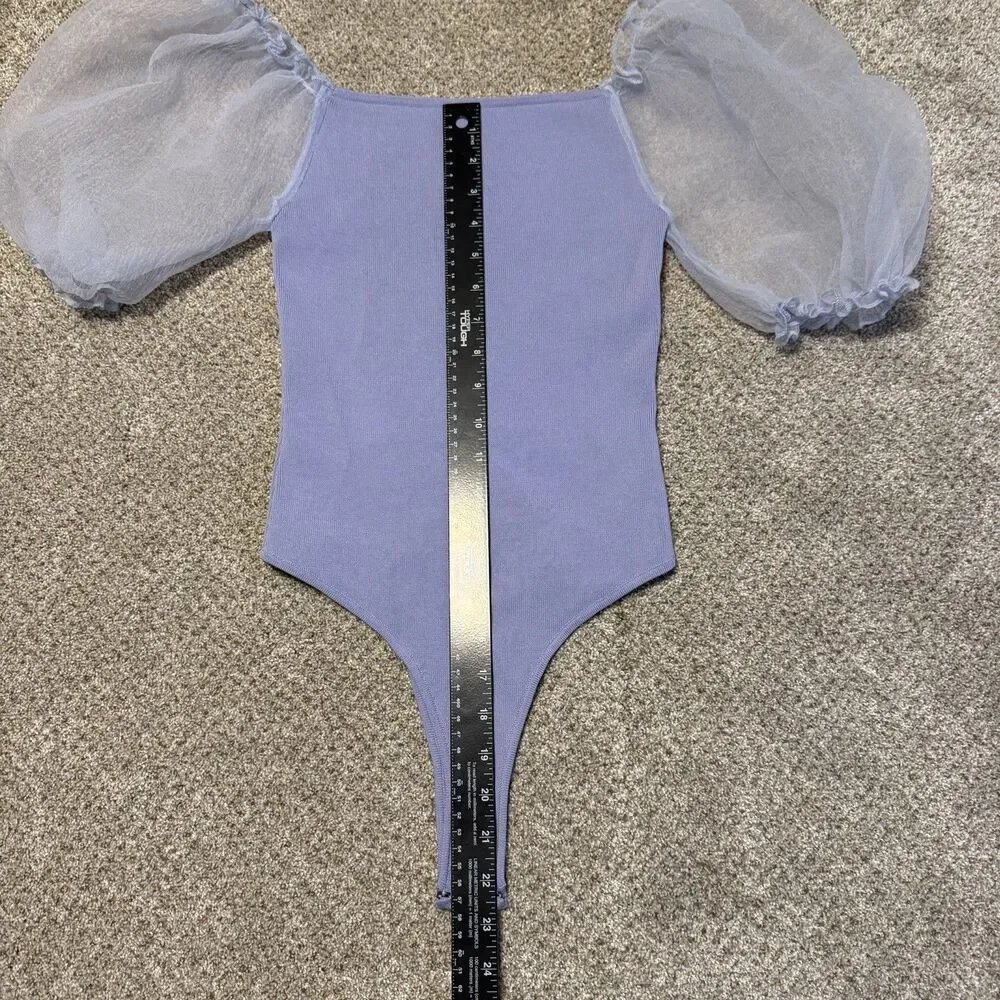 ASTR the Label Darling Sheer Puff Sleeve Ribbed Bodysuit Periwinkle Medium